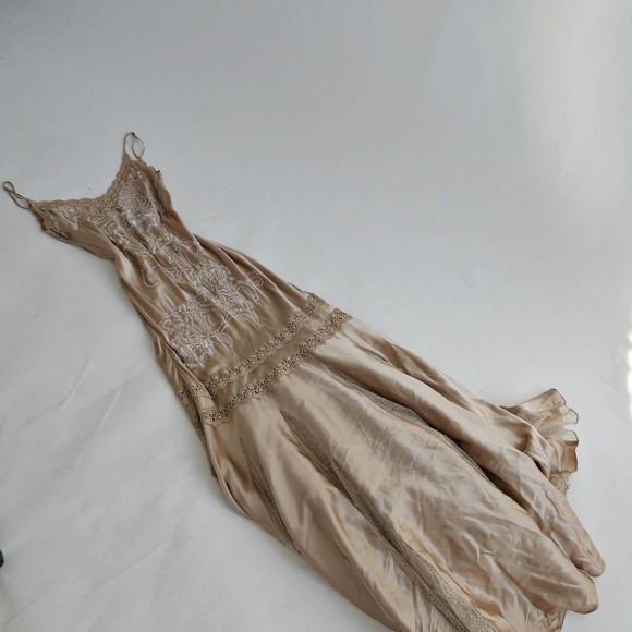 silk beaded evening dress|sue wong nocturne champagne full-length gown mermaid M - Picture 6 of 6